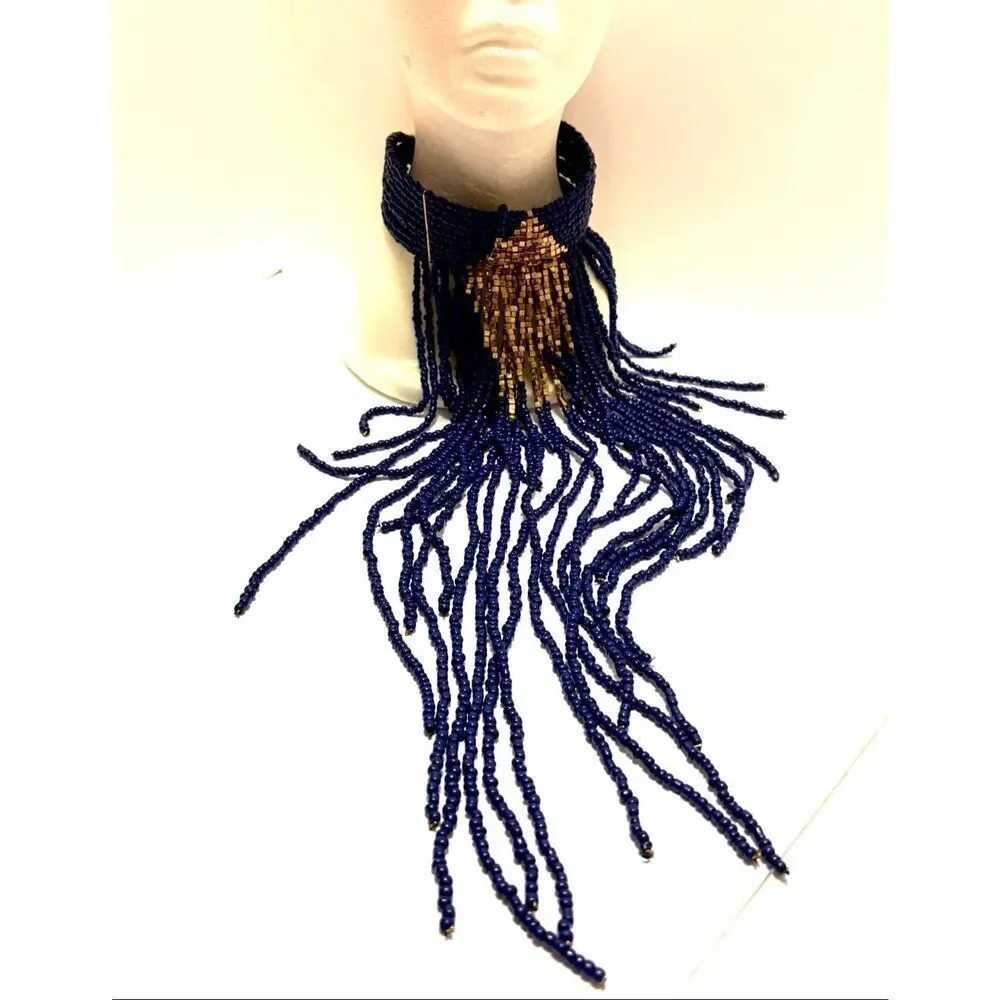 Belly Dance Blue Beaded Fringe Necklace Tribal Fusion Costume Jewelry Boho